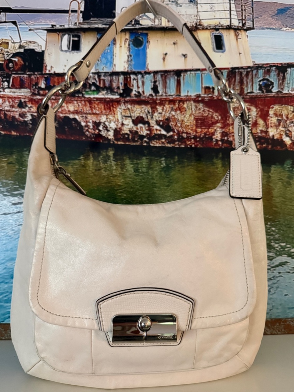 COACH Kristin Hobo ivory leather shoulder bag with croc Leather & silver accents